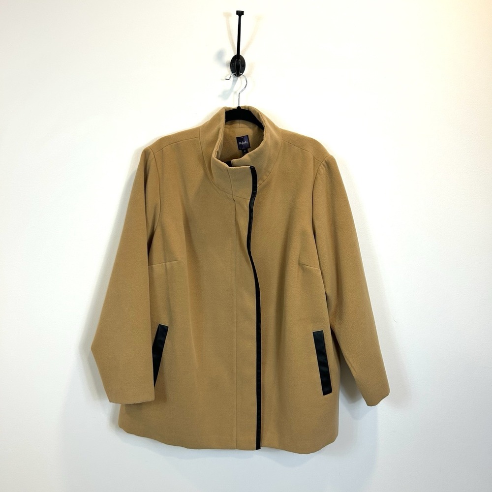 Rafaella 2X Wide Bottom Lined Faux Leather Pea Coat Full Zip‎ Camel Brown